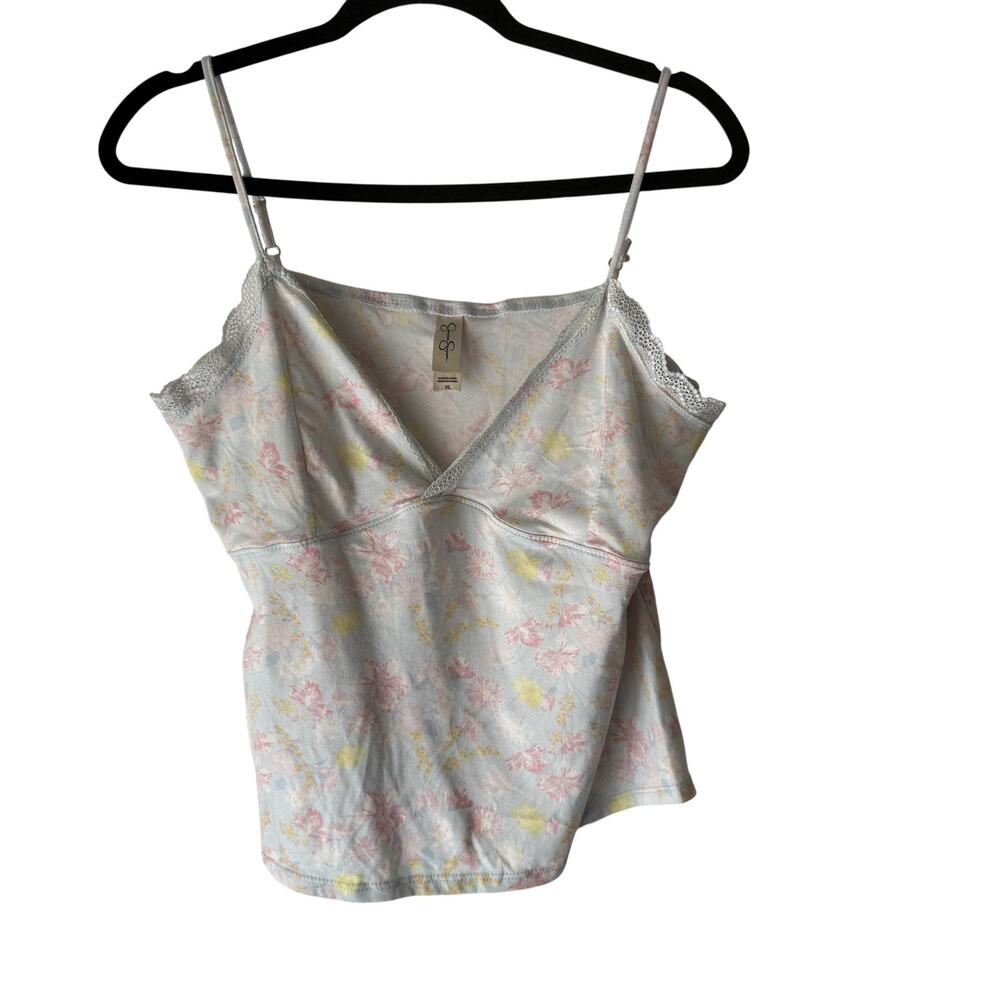 Jessica Simpson Tank Top Y2k XL Pink Yellow Floral Lace Trim Camisole